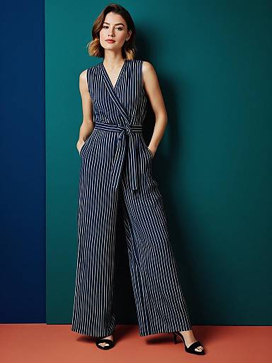 Woman in Striped Sleeveless Wide-Leg Jumpsuit