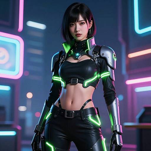 Futuristic Woman in Neon Cyberpunk Outfit