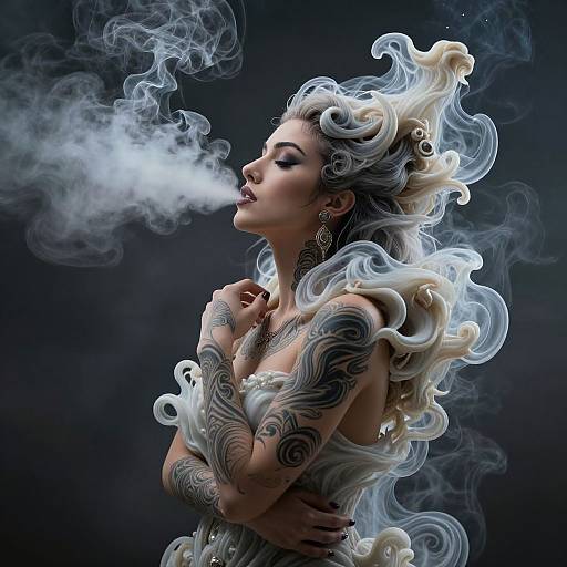 Photograph of a tattooed woman with flowing white smoke, closed eyes, and pearl necklace, exhaling smoke against a dark background.