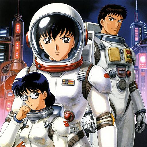 Anime-style illustration of three space-suited characters with black hair, glasses, and serious expressions, standing in a futuristic cityscape.