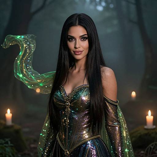 Photograph of a dark-haired woman with long straight hair, wearing a shimmering, iridescent dress, standing in a misty forest with glowing
