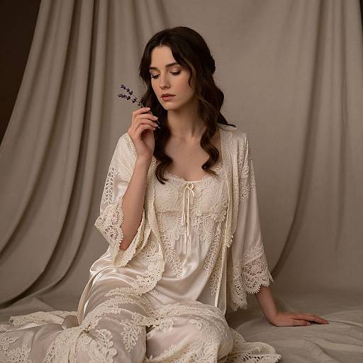 Photograph of a fair-skinned woman with long, wavy black hair, wearing an elegant, cream-colored lace and satin dress, sitting on a