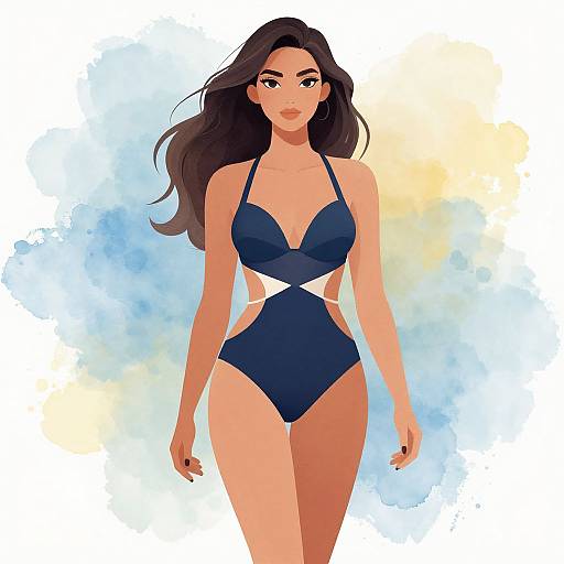Digital illustration of a confident, dark-haired woman with fair skin, wearing a dark blue, cut-out one-piece swimsuit, standing against a soft water
