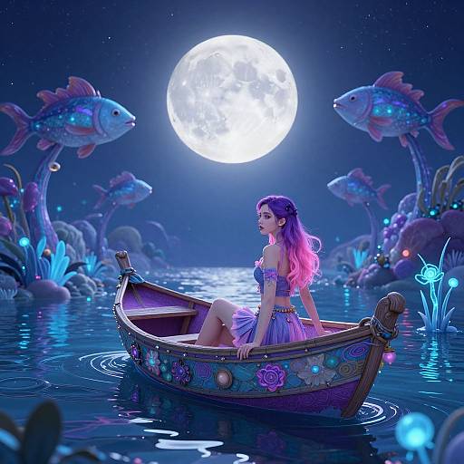 Digital artwork of a pink-haired woman in a purple dress, sitting in a glowing boat on a moonlit, bioluminescent lake with floating fish