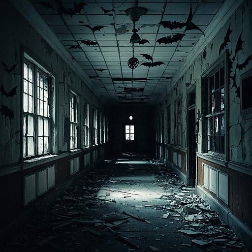 Spooky Abandoned Asylum Hallway with Halloween Bats