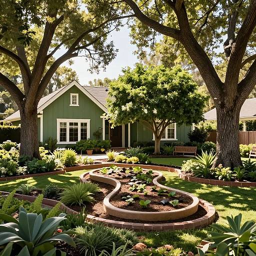 Photograph of a lush, sunlit garden with a curved, raised stone water feature leading to a green, two-story house with white trim and large