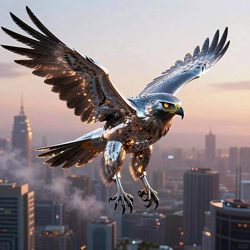 Photograph of a majestic hawk with glowing yellow eyes, sharp talons, and detailed feathers soaring over a cityscape at sunset.