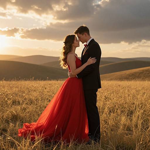Photograph of a couple in a sunlit field at sunset, the woman in a flowing red dress and the man in a black suit, kissing,