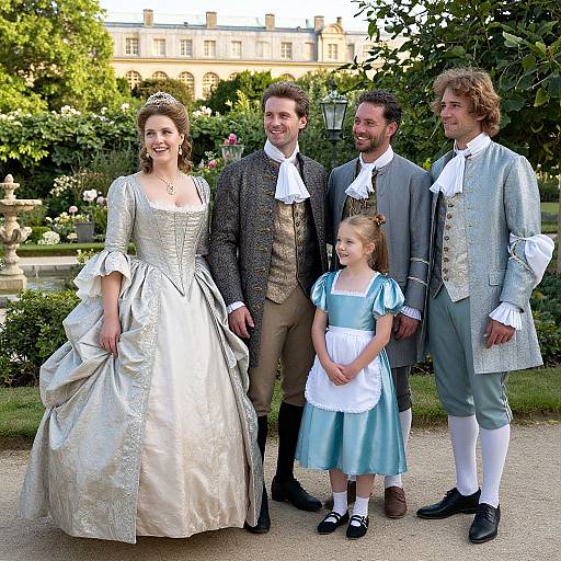 Photograph of a royal family: bride in white gown, groom in brown suit, bearded man in gray, young man in blue, and little