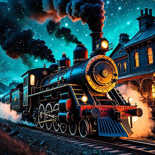 Steampunk Nightscape with Roaring Locomotive