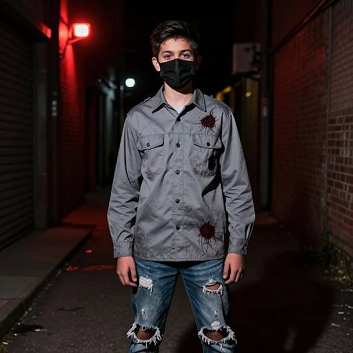 Photograph of a young man with dark hair, wearing a gray bloodstained shirt, black mask, ripped jeans, standing in a dimly lit