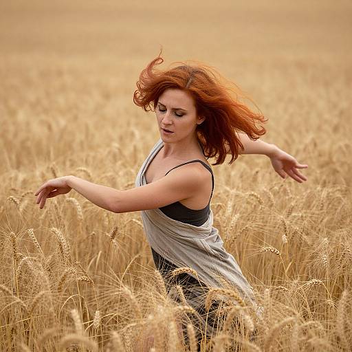 Red-haired Woman Dancing in Wheat Field