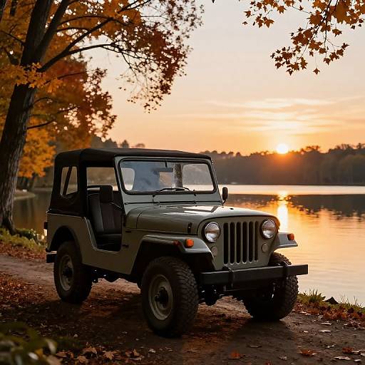 Photograph of a green Jeep Wrangler parked on a dirt path by a serene lake during a vibrant autumn sunset.