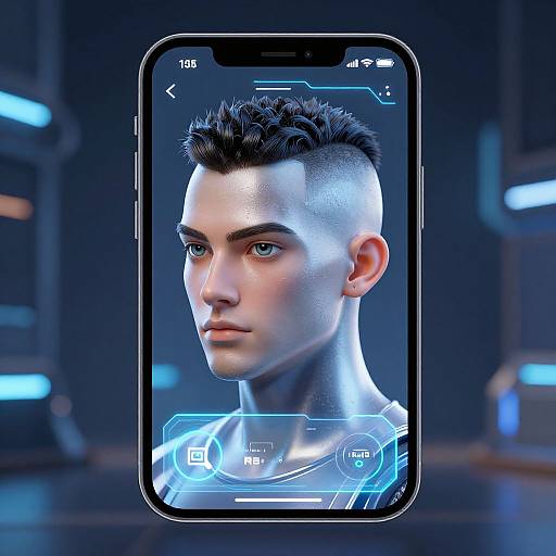 CGI image of a realistic, handsome young man with a short, spiked black hairstyle, blue eyes, and fair skin, displayed on a futuristic smartphone