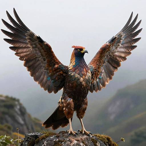 Photograph of a majestic, brown-feathered bird with outstretched wings standing on a rocky ledge against a misty mountain backdrop.