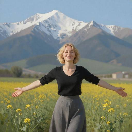 Blonde Woman in Flower Field with Snow-Capped Mountains