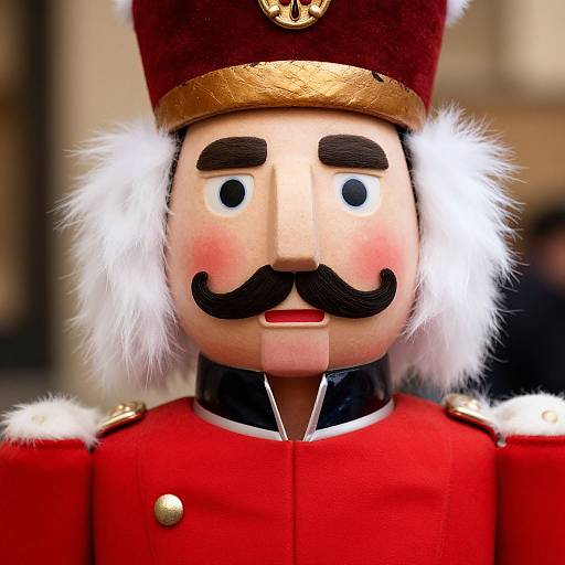 Close-up photograph of a wooden nutcracker soldier with a red uniform, gold trim, white feather accents, black mustache, and rosy cheeks