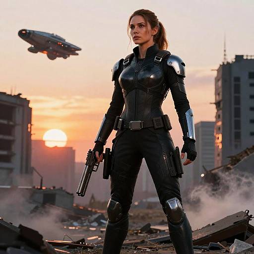 Photorealistic digital art: Strong, brown-haired woman in black tactical suit with armor, holding gun, standing on rubble at sunset, UFO above,