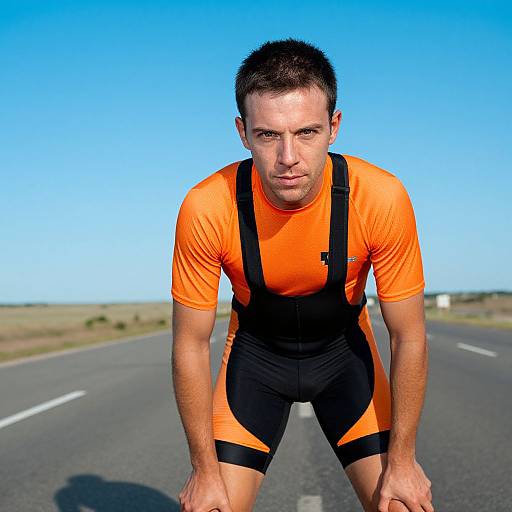 Photograph of a determined, muscular man in an orange and black cycling outfit, leaning forward on a deserted road under a clear blue sky.