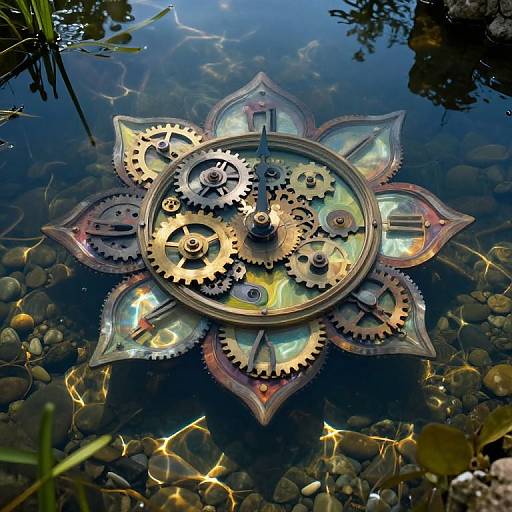Photograph of a steampunk-style flower clock with intricate gears and glowing crystals floating in a clear, shallow stream on a bed of smooth stones.