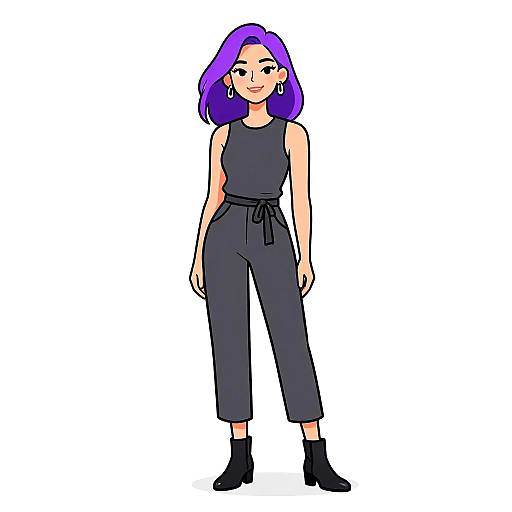 Digital drawing of a smiling woman with purple hair, wearing a black sleeveless top, high-waisted black pants, and black ankle boots. White