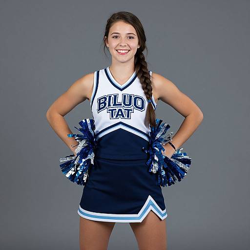 Photograph of a smiling young woman with long dark hair in a braid, wearing a black and white cheerleader uniform with 