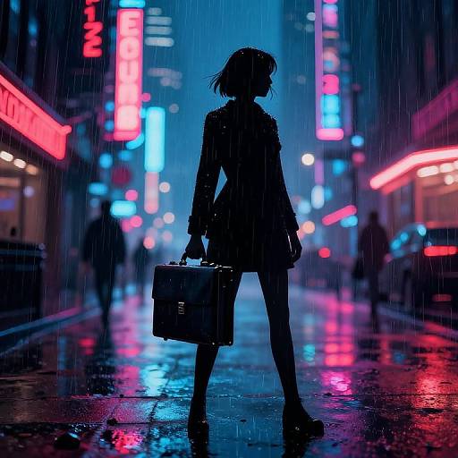 Neon-lit, rain-soaked city street silhouette of a woman in a coat and skirt, carrying a briefcase, with vibrant blue and pink