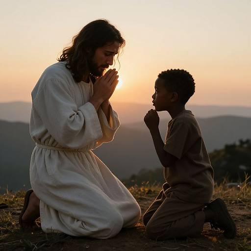 Jesus and Boy Praying on Mountain at Sunset