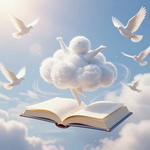 Digital illustration of a white, fluffy angelic figure jumping from an open book into a bright blue sky filled with white doves.