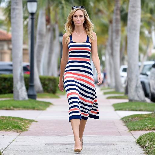 Blonde woman in a sleeveless, navy, white, and orange striped dress walks on a palm-tree-lined sidewalk, wearing beige heels and sunglasses on