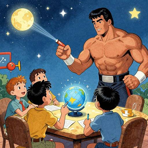 Colorful cartoon: Muscular, shirtless man with black hair points at moon, teaching four excited children at a table with a globe. Night sky