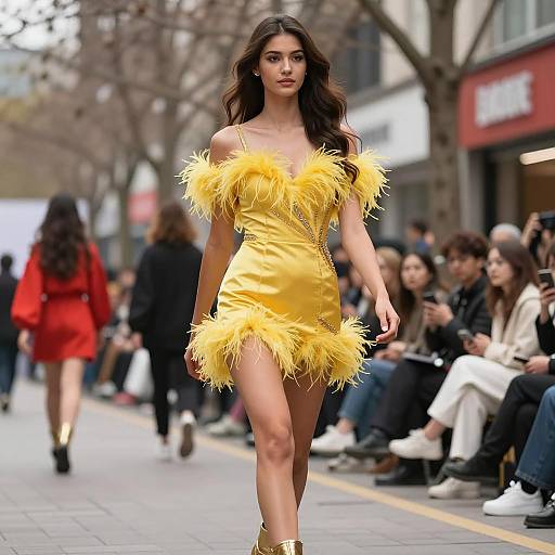 Model in Yellow Feathered Dress on Outdoor Runway
