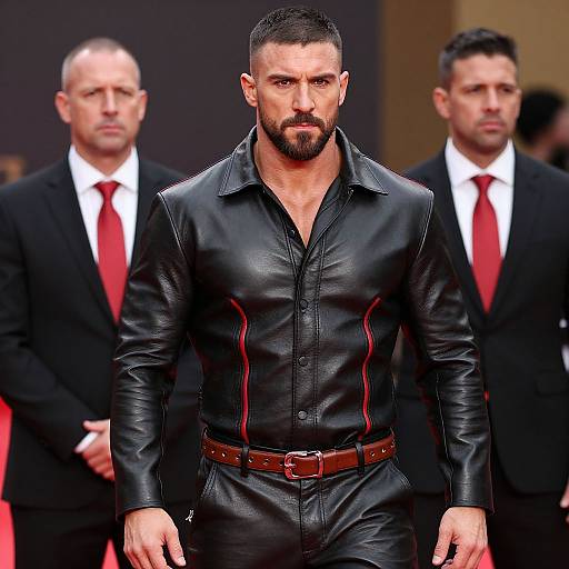 Photograph of a muscular, bearded man in a black leather shirt and pants, flanked by two suited men with red ties, on a fashion
