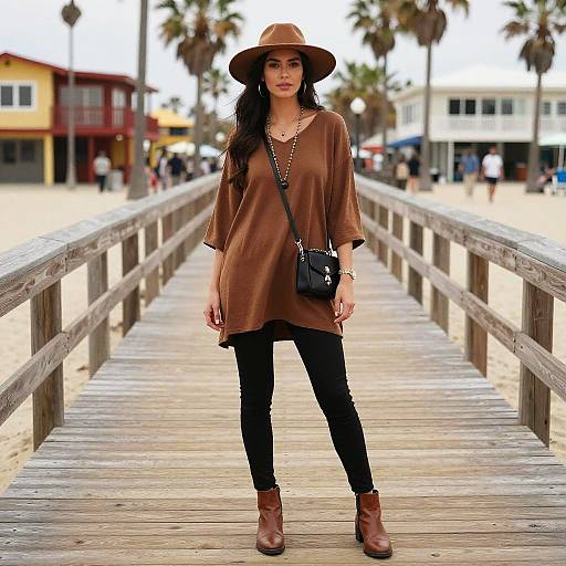 Stylish Woman on Coastal Boardwalk