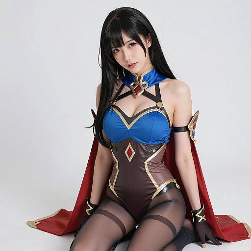 Confident Asian Woman in Blue-Brown Cosplay