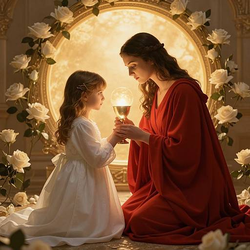 Photograph of a woman in a red robe and a young girl in a white dress, kneeling before a glowing circular window surrounded by white roses, sharing