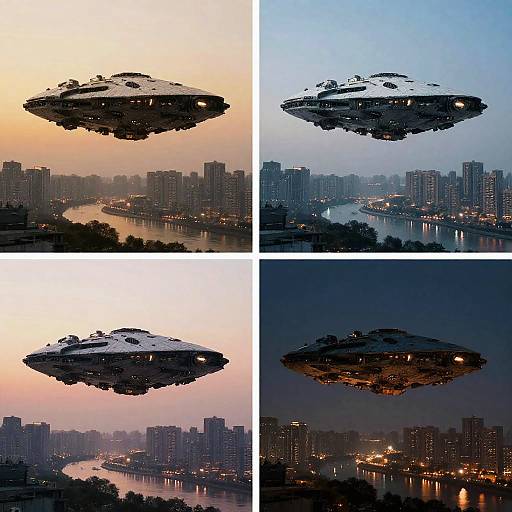 Futuristic Spaceships Over Cityscapes