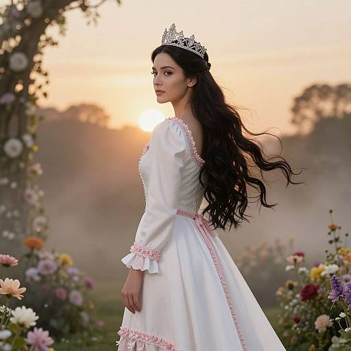 Elegant Woman in White Dress with Crown at Sunset
