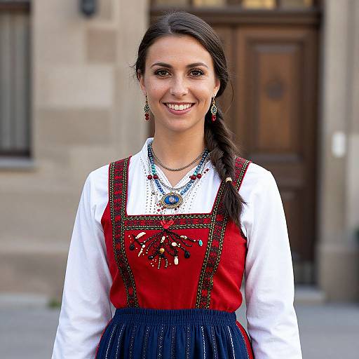 Photograph of a smiling young woman with dark hair in a braid, wearing a red and white traditional dress with blue skirt, adorned with jewelry,