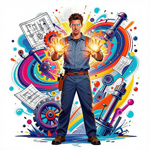 Digital art of a muscular man in blue work clothes, hands glowing with fire, surrounded by colorful abstract machinery and blueprints.