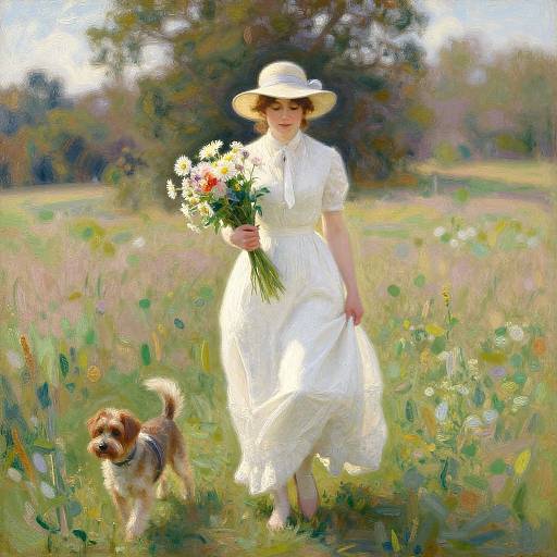Digital painting of a woman in a white dress and hat holding a bouquet, walking a small dog in a sunny meadow.