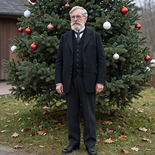 Photograph of an elderly white man with a white beard, wearing a black three-piece suit and glasses, standing in front of a decorated Christmas tree with