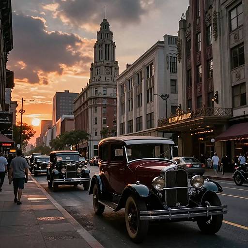 Photograph of a vintage street scene at sunset, featuring classic cars, pedestrians, and ornate buildings, with a prominent clock tower in the background.