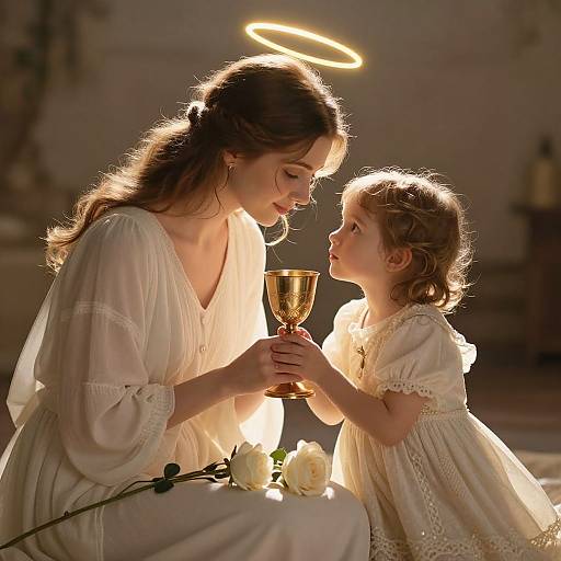 Photograph of a glowing, haloed woman in white dress holding a golden chalice, gazing lovingly at a young girl in a white dress