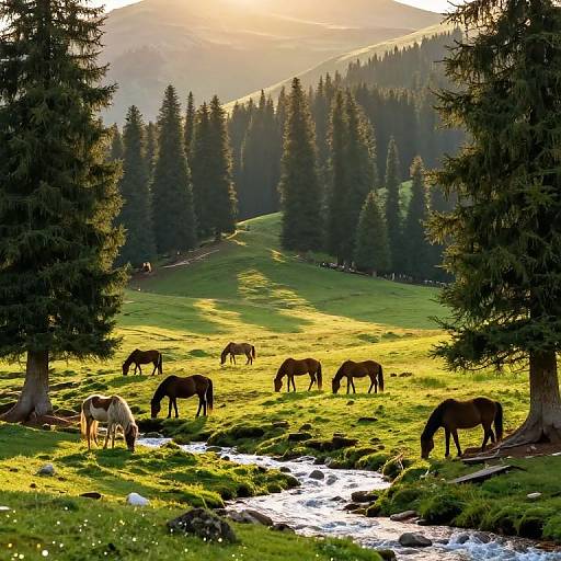 Photograph of a sunlit mountain meadow with grazing horses, tall pine trees, a small stream, and misty hills in the background.