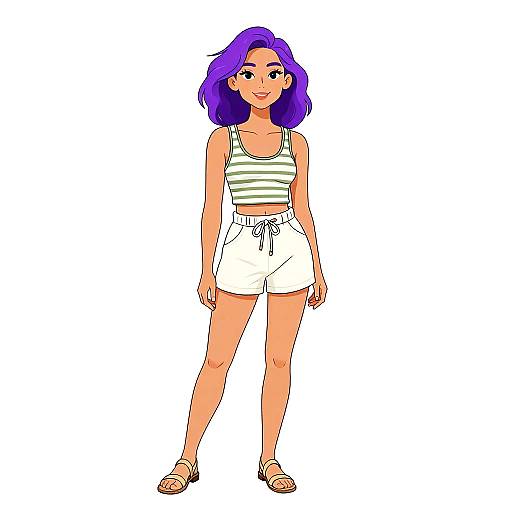 Digital illustration of a smiling woman with purple hair, wearing a striped tank top, white shorts, and sandals, standing against a white background.