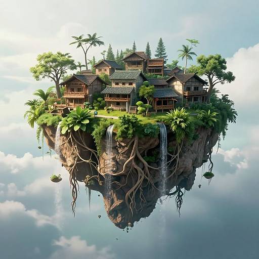 Serene Floating Village with Cascading Roots