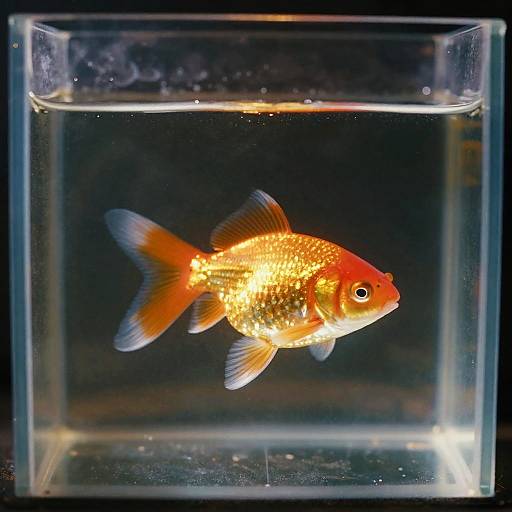 Photograph of a vibrant orange and yellow goldfish with sparkling scales, swimming in a clear rectangular glass tank against a dark background.