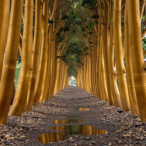 Photograph of a bamboo forest pathway lined with tall, golden-brown bamboo stalks, pebbled ground with reflective puddles, and green leaves
