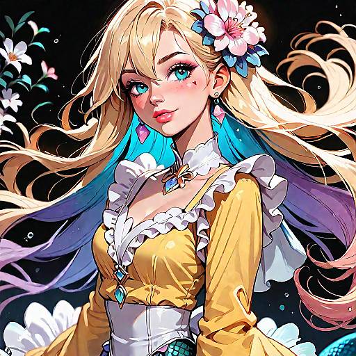 Blonde Mermaid in Yellow Dress with Flowers